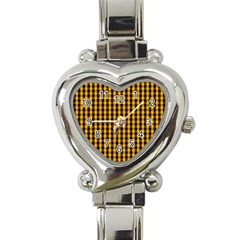 Pale Pumpkin Orange And Black Halloween Gingham Check Heart Italian Charm Watch by PodArtist