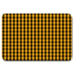 Pale Pumpkin Orange And Black Halloween Gingham Check Large Doormat  by PodArtist