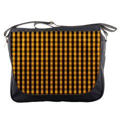 Pale Pumpkin Orange And Black Halloween Gingham Check Messenger Bags by PodArtist