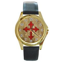 Crusader Cross Round Gold Metal Watch by Valentinaart