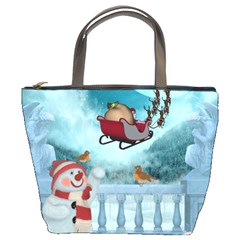 Christmas Design, Santa Claus With Reindeer In The Sky Bucket Bags by FantasyWorld7