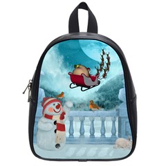 Christmas Design, Santa Claus With Reindeer In The Sky School Bag (small) by FantasyWorld7