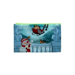 Christmas Design, Santa Claus With Reindeer In The Sky Cosmetic Bag (xs) by FantasyWorld7