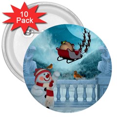 Christmas Design, Santa Claus With Reindeer In The Sky 3  Buttons (10 Pack)  by FantasyWorld7