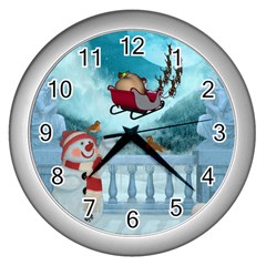 Christmas Design, Santa Claus With Reindeer In The Sky Wall Clocks (silver)  by FantasyWorld7