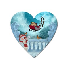 Christmas Design, Santa Claus With Reindeer In The Sky Heart Magnet by FantasyWorld7