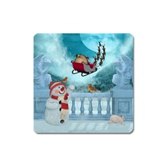 Christmas Design, Santa Claus With Reindeer In The Sky Square Magnet by FantasyWorld7