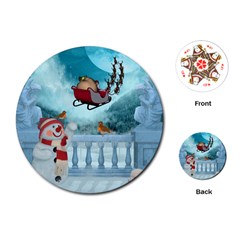 Christmas Design, Santa Claus With Reindeer In The Sky Playing Cards (round)  by FantasyWorld7