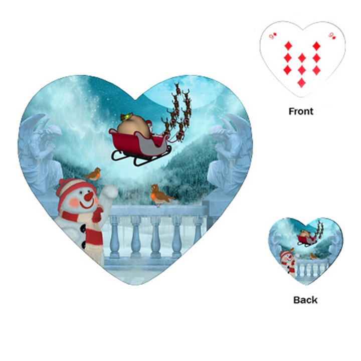 Christmas Design, Santa Claus With Reindeer In The Sky Playing Cards (Heart) 