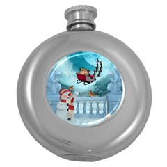 Christmas Design, Santa Claus With Reindeer In The Sky Round Hip Flask (5 Oz) by FantasyWorld7