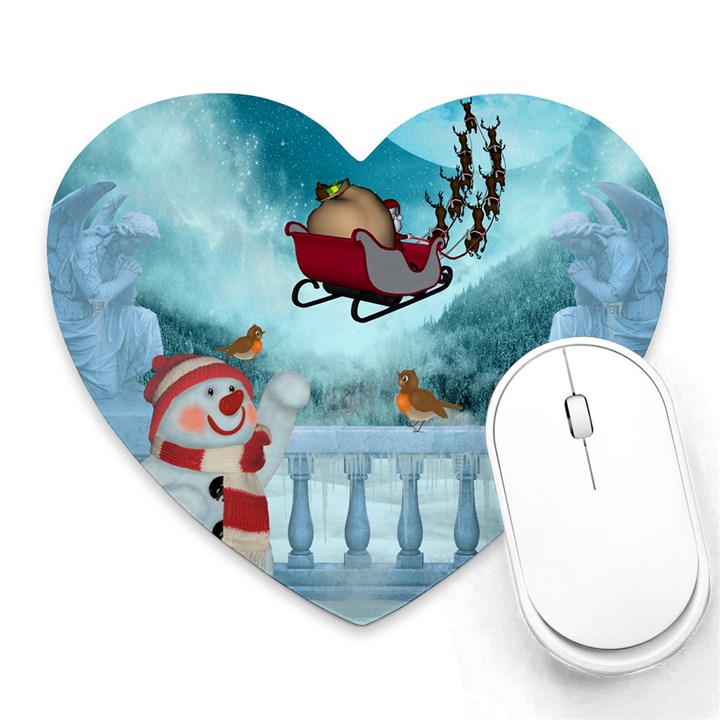 Christmas Design, Santa Claus With Reindeer In The Sky Heart Mousepads