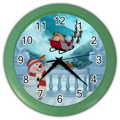 Christmas Design, Santa Claus With Reindeer In The Sky Color Wall Clocks by FantasyWorld7