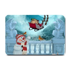 Christmas Design, Santa Claus With Reindeer In The Sky Small Doormat  by FantasyWorld7