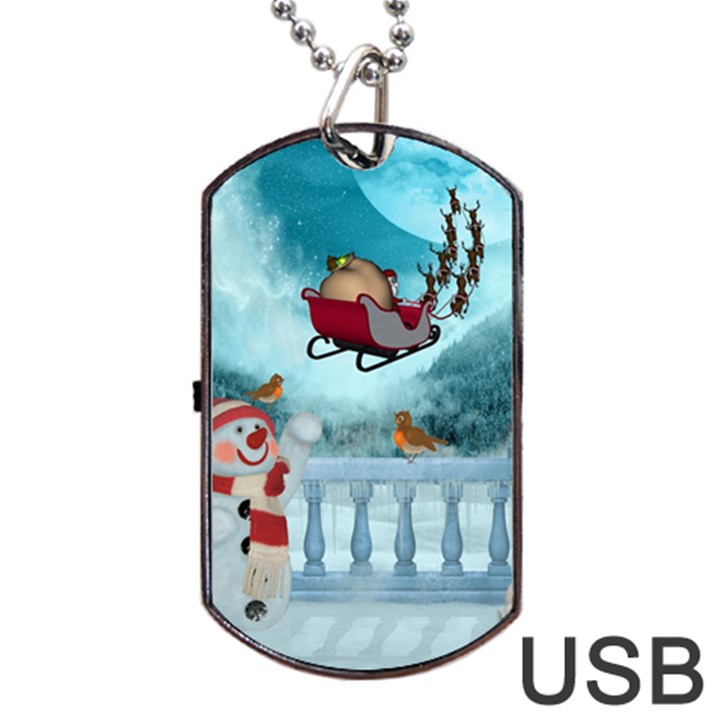 Christmas Design, Santa Claus With Reindeer In The Sky Dog Tag USB Flash (Two Sides)