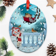 Christmas Design, Santa Claus With Reindeer In The Sky Ornament (oval Filigree) by FantasyWorld7