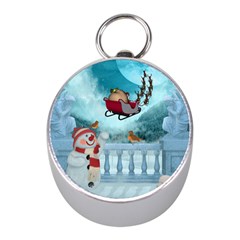 Christmas Design, Santa Claus With Reindeer In The Sky Mini Silver Compasses by FantasyWorld7