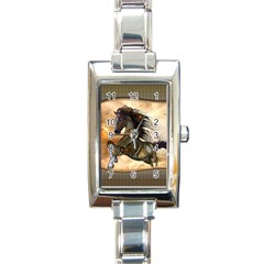 Steampunk, Wonderful Steampunk Horse With Clocks And Gears, Golden Design Rectangle Italian Charm Watch by FantasyWorld7