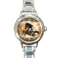 Steampunk, Wonderful Steampunk Horse With Clocks And Gears, Golden Design Round Italian Charm Watch by FantasyWorld7