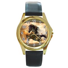 Steampunk, Wonderful Steampunk Horse With Clocks And Gears, Golden Design Round Gold Metal Watch by FantasyWorld7