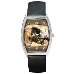 Steampunk, Wonderful Steampunk Horse With Clocks And Gears, Golden Design Barrel Style Metal Watch by FantasyWorld7