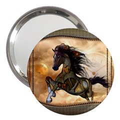 Steampunk, Wonderful Steampunk Horse With Clocks And Gears, Golden Design 3  Handbag Mirrors by FantasyWorld7