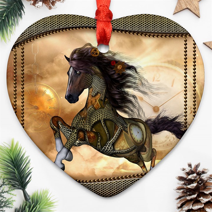 Steampunk, Wonderful Steampunk Horse With Clocks And Gears, Golden Design Ornament (Heart)