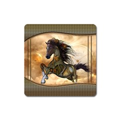 Steampunk, Wonderful Steampunk Horse With Clocks And Gears, Golden Design Square Magnet by FantasyWorld7