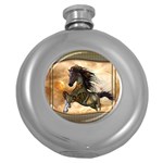 Steampunk, Wonderful Steampunk Horse With Clocks And Gears, Golden Design Round Hip Flask (5 oz) Front