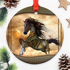 Steampunk, Wonderful Steampunk Horse With Clocks And Gears, Golden Design Round Ornament (two Sides) by FantasyWorld7