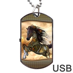 Steampunk, Wonderful Steampunk Horse With Clocks And Gears, Golden Design Dog Tag Usb Flash (two Sides) by FantasyWorld7