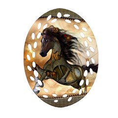 Steampunk, Wonderful Steampunk Horse With Clocks And Gears, Golden Design Oval Filigree Ornament (two Sides)