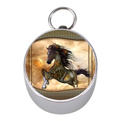 Steampunk, Wonderful Steampunk Horse With Clocks And Gears, Golden Design Mini Silver Compasses by FantasyWorld7