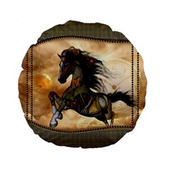 Steampunk, Wonderful Steampunk Horse With Clocks And Gears, Golden Design Standard 15  Premium Flano Round Cushions by FantasyWorld7