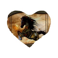 Steampunk, Wonderful Steampunk Horse With Clocks And Gears, Golden Design Standard 16  Premium Flano Heart Shape Cushions by FantasyWorld7