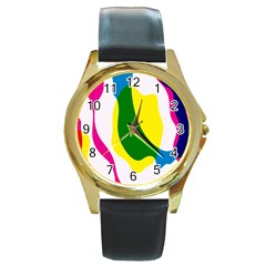 Anatomicalrainbow Wave Chevron Pink Blue Yellow Green Round Gold Metal Watch by Mariart