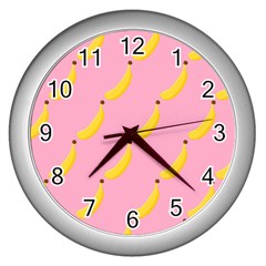 Banana Fruit Yellow Pink Wall Clocks (silver) 