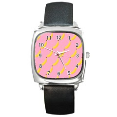 Banana Fruit Yellow Pink Square Metal Watch by Mariart