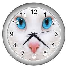 Beautiful White Face Cat Animals Blue Eye Wall Clocks (silver)  by Mariart