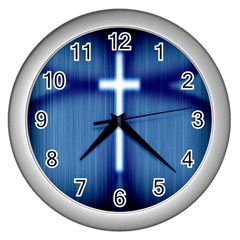 Blue Cross Christian Wall Clocks (silver)  by Mariart