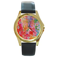 Colorful Watercolors Pattern                            Round Gold Metal Watch by LalyLauraFLM