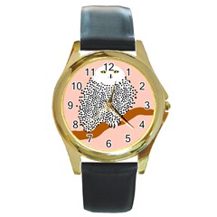 Animals Bird Owl Pink Polka Dots Round Gold Metal Watch