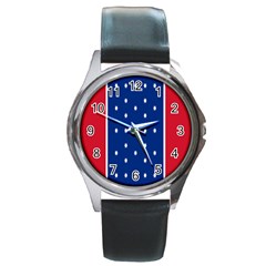 British American Flag Red Blue Star Round Metal Watch by Mariart