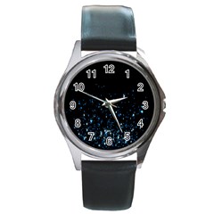 Blue Glowing Star Particle Random Motion Graphic Space Black Round Metal Watch by Mariart