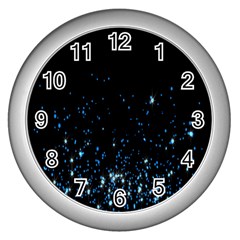 Blue Glowing Star Particle Random Motion Graphic Space Black Wall Clocks (silver)  by Mariart