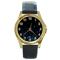 Blue Glowing Star Particle Random Motion Graphic Space Black Round Gold Metal Watch by Mariart