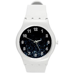 Blue Glowing Star Particle Random Motion Graphic Space Black Round Plastic Sport Watch (m) by Mariart