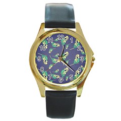 Canaries Budgie Pattern Bird Animals Cute Round Gold Metal Watch by Mariart