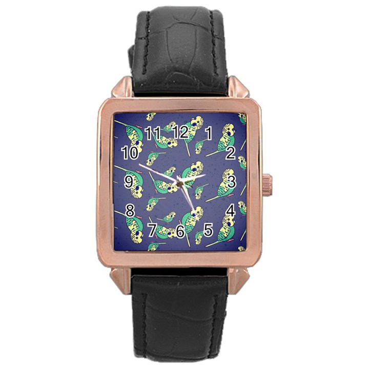 Canaries Budgie Pattern Bird Animals Cute Rose Gold Leather Watch 