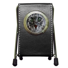 Cat Face Eyes Gray Fluffy Cute Animals Pen Holder Desk Clocks