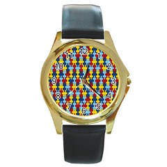 Fuzzle Red Blue Yellow Colorful Round Gold Metal Watch